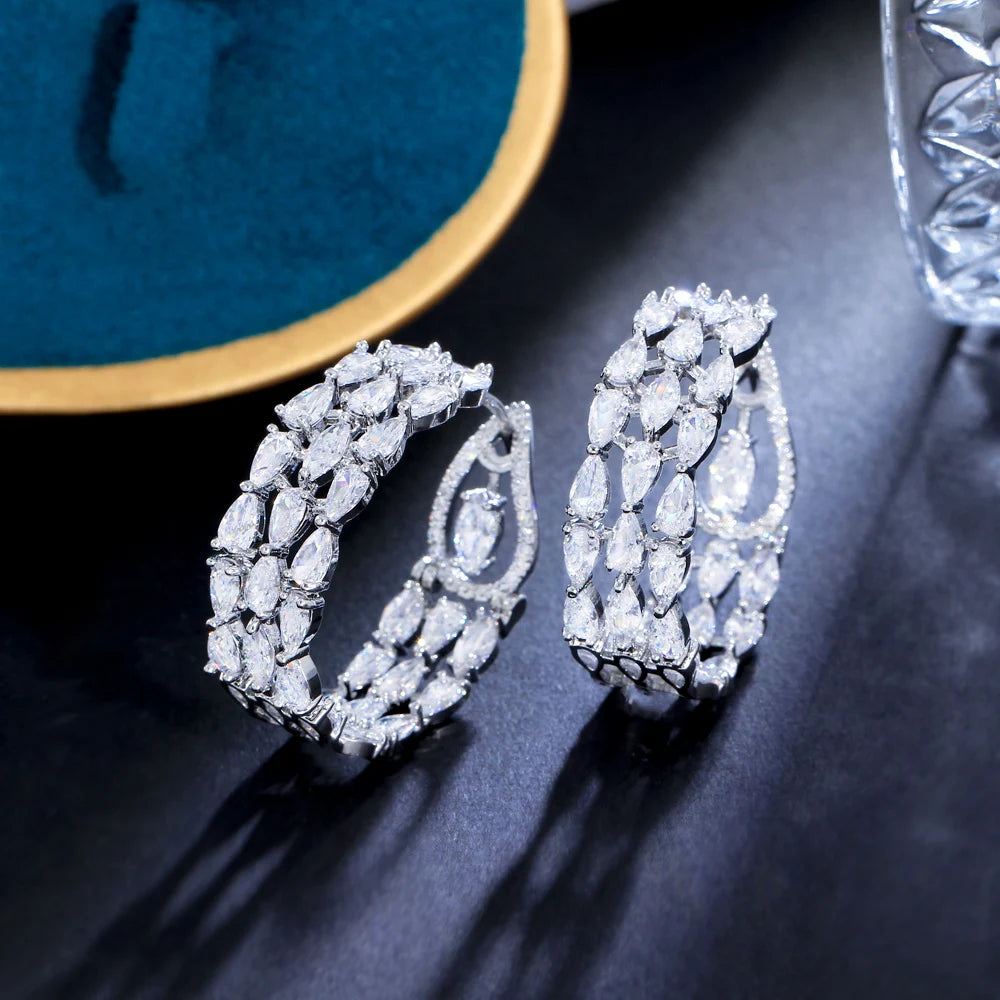 Clear White Double Sided CZ Paved Triple Round Big Chunky Hoop Earrings for Women Luxury Wedding Party Jewerly - EUFASHIONBAGS