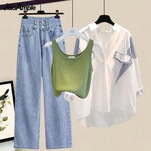 2024 Spring/Summer New Matching Set Women's Casual Stripe Sunscreen Shirt+Vest+Jeans Three Piece Korean Elegant Denim Pants Set