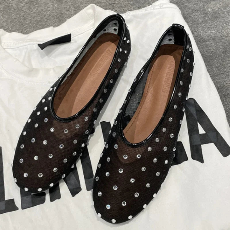 Rhinestone Rivet Luxury Design Mesh Flats Sandals Women Light Breathable Elegant Comfy Mules Shoes Fashion Loafers Ballet Shoes