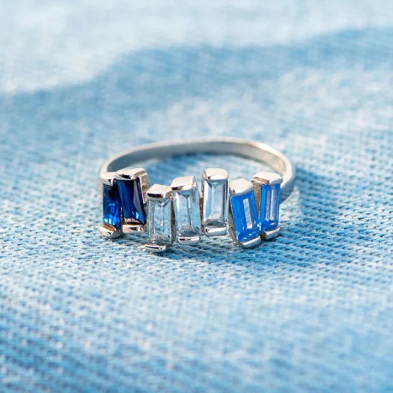 Fashion Geometric Blue Zirconia Finger Ring Lady Chic Engagement Jewelry Trendy Modern Accessories for Wedding Ceremony