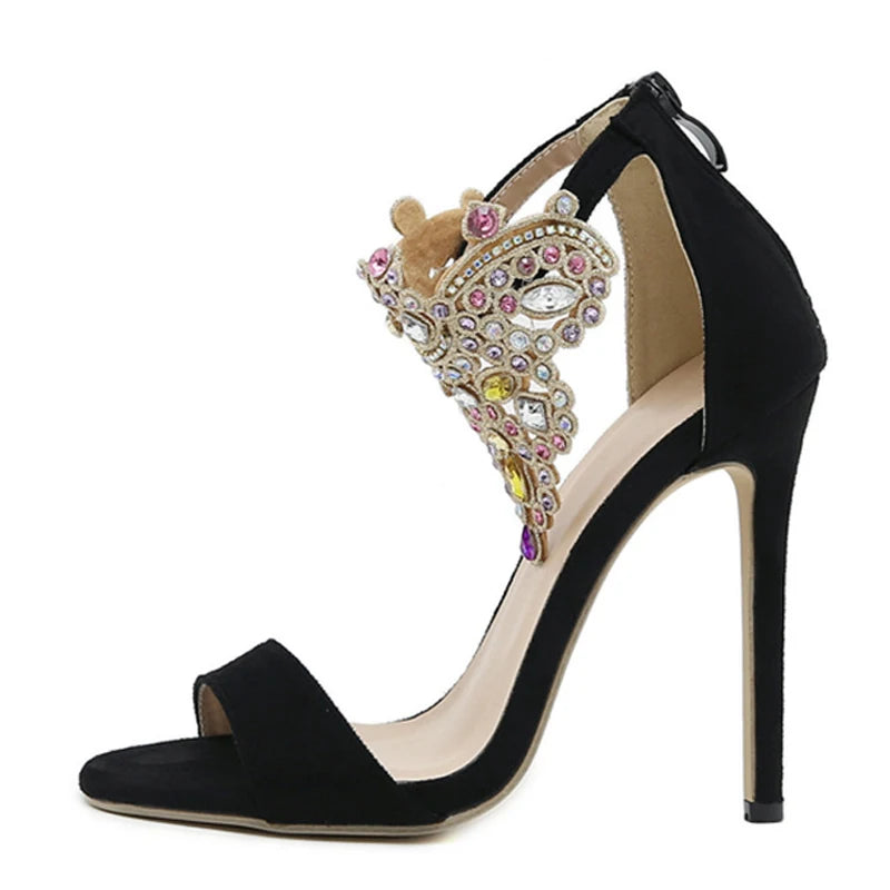 Fashion Color Rhinestone Women's Sandals High Heels Crystal Ankle Strap Summer Open Toe Stripper Shoes Stiletto - EUFASHIONBAGS