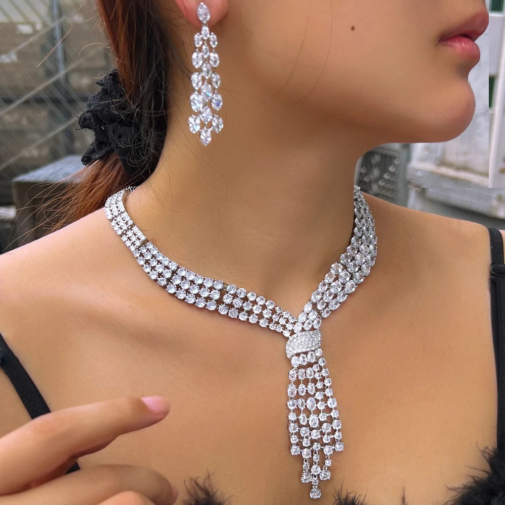 Luxury Dangle Tassel Drop Cubic Zirconia Big Wedding Bridal Party Necklace and Earrings Jewelry Sets for Women - EUFASHIONBAGS