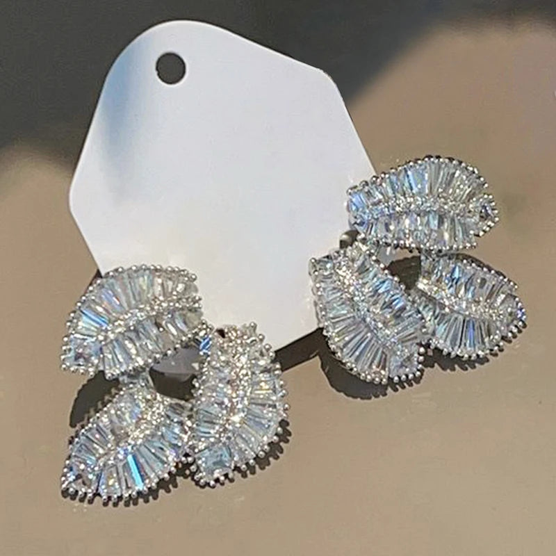 Leaf Pierced Earrings Female Silver Color Bright Zirconia Jewelry for Engagement Party Fashion Chic Accessories - EUFASHIONBAGS