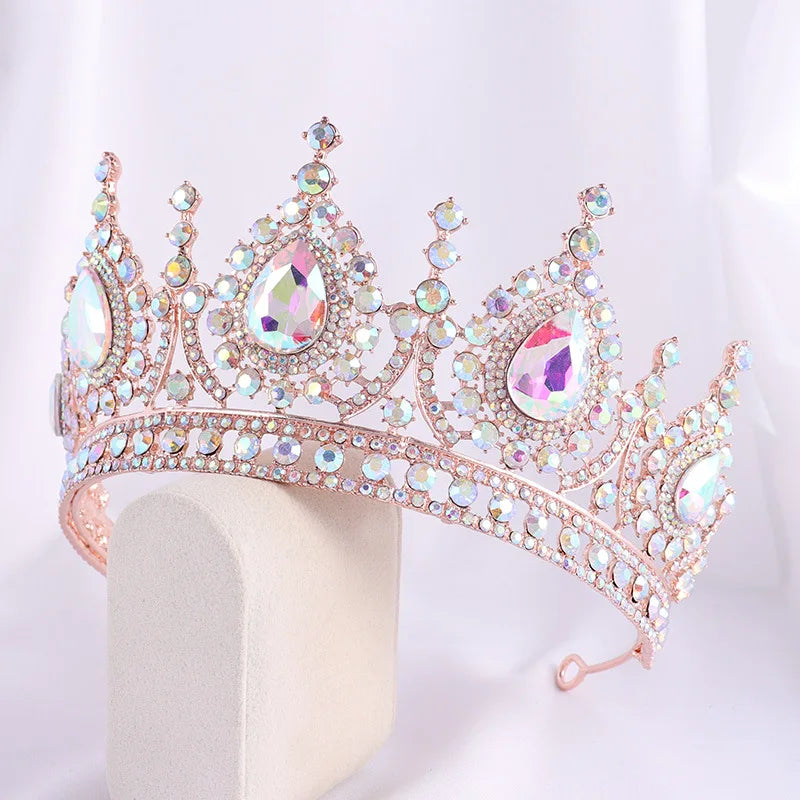 Baroque Rose Gold AB Color Rhinestone Crystal Queen Crown With Earrings Wedding Tiaras Women Beauty Pageant Diadem Hair Jewelry - EUFASHIONBAGS