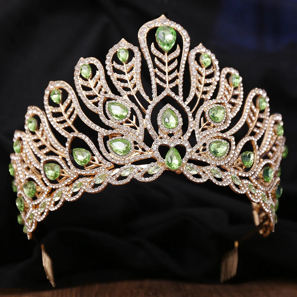 Luxury Royal Queen Rhinestone Wedding Crown Combs for Women Green Crystal Banquet Tiaras Party Costume Hair Jewelry Accessories - EUFASHIONBAGS