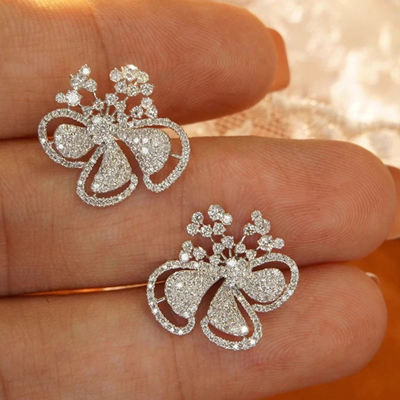 Sparkling Flower Stud Earrings Women Aesthetic Accessories for Engagement Silver Color Shiny Zirconia Jewelry for Wedding