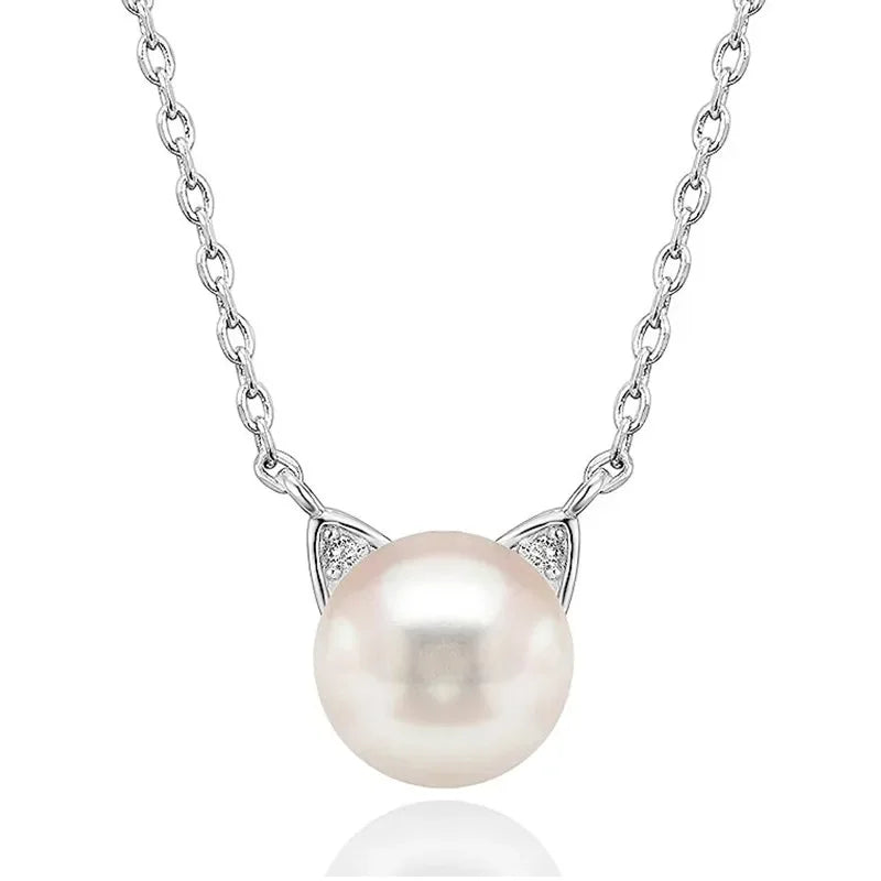 Chic Cat Ear Design Pendant Necklace for Women Dainty Imitation Pearl Accessory Trendy Cute Wedding Band Jewelry