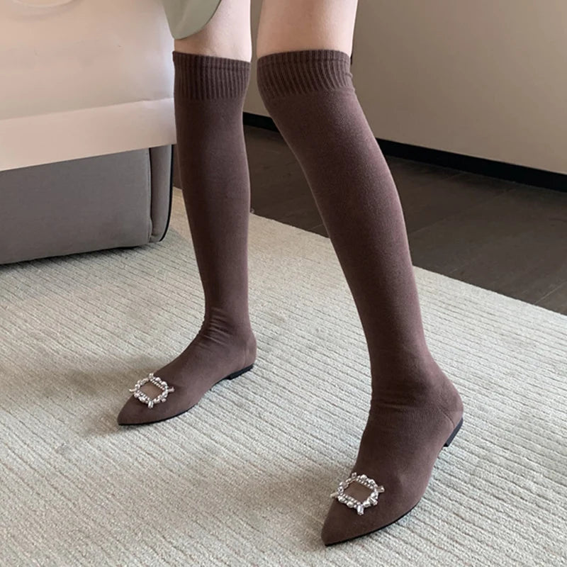 New Design Crystal Buckle Women Slim Leg Thigh High Sock Boots Casual Flat Heels Black Stretch Fabric Over The Knee Shoes