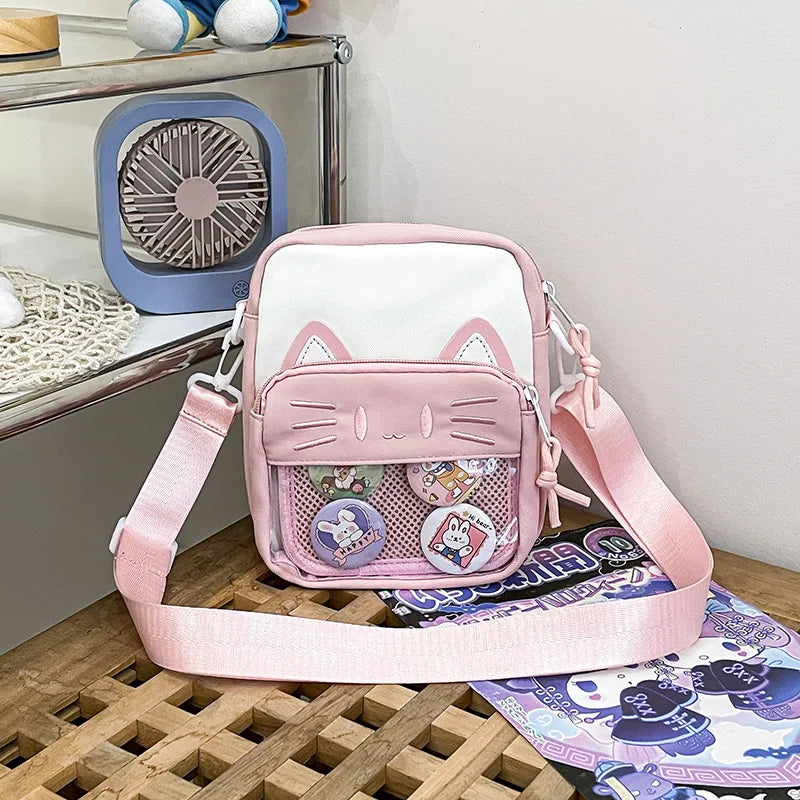 Harajuku Mini Women Ita Bags Women Casual Nylon Cartoon Cat Embroidered Bolso Mujer Daily Subculture DIY Badge Bag Female - EUFASHIONBAGS