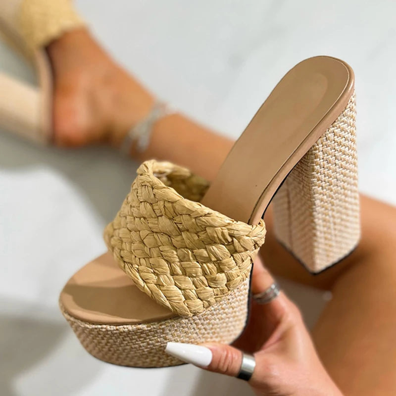 Apricot Women Sexy 13.5CM Slippers Handmade Hemp Weave Open Toe Platform High Heels Chunky Sandal Female Party Dress Shoes - EUFASHIONBAGS