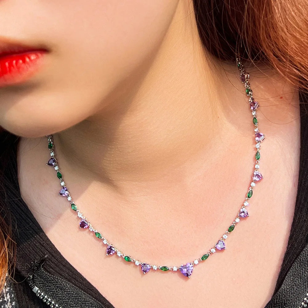 Heart Shape Purple Green Cubic Zirconia Choker Chain Link Tennis Necklace for Women Summer Party Jewelry Gift - EUFASHIONBAGS