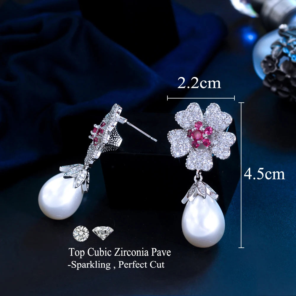 Luxury Cubic Zirconia Pave Geometric Rose Red Flower Long Dangle Pearl Drop Wedding Pageant Earrings for Women - EUFASHIONBAGS