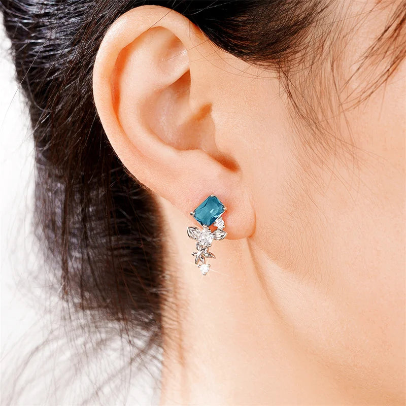 Temperament Blue CZ Flower Earrings for Women Aesthetic Female Accessories Wedding Engagement Party New Fashion Jewelry