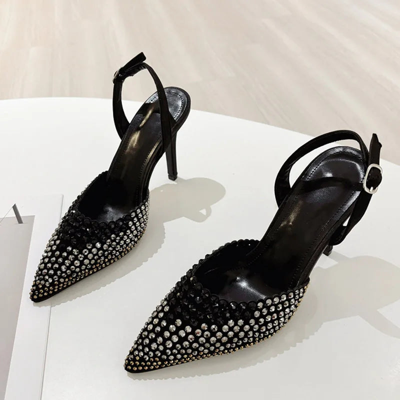 Sexy Slingback Shoes Women Pumps Crystal Rhinestone Pointed Toe Back Buckle Strap Black High Heels Mules Sandals Female - EUFASHIONBAGS