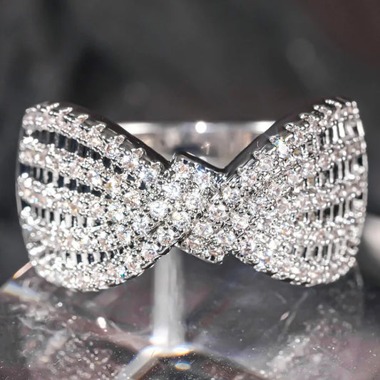 Bright Bowknot Design Rings full Shiny Cubic Zirconia Sparkling Aesthetic Finger Accessories Women Trendy Wedding Jewelry - EUFASHIONBAGS