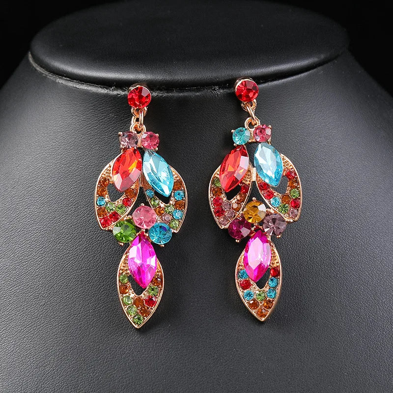 Luxury Exquisite Leaves Colorful Crystal Jewelry Sets For Women Wedding Party Jewelry Accessories Stud Earrings & Necklace Set - EUFASHIONBAGS