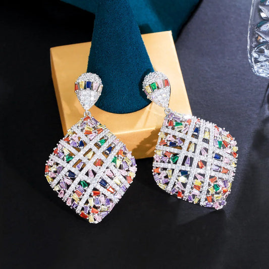 Fancy Cross Line Colorful Heavy Cubic Zirconia Stone Pave Luxury Big Rhombic Drop Engagement Earrings for Women - EUFASHIONBAGS