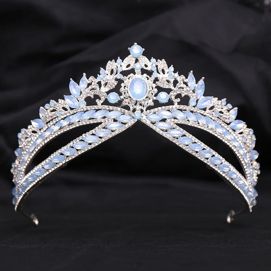 Baroque Blue Opal Crystal Wedding Crown Royal Queen Bridal Tiaras and Crowns Bride Hair Jewelry Pageant Diadem Head Accessories - EUFASHIONBAGS