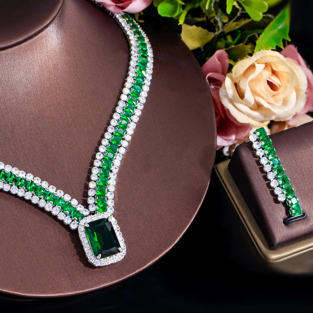 Big Rectangle Green Cubic Zirconia Stone Women Evening Dancing Party Costume Jewelry Sets for Brides Wedding - EUFASHIONBAGS