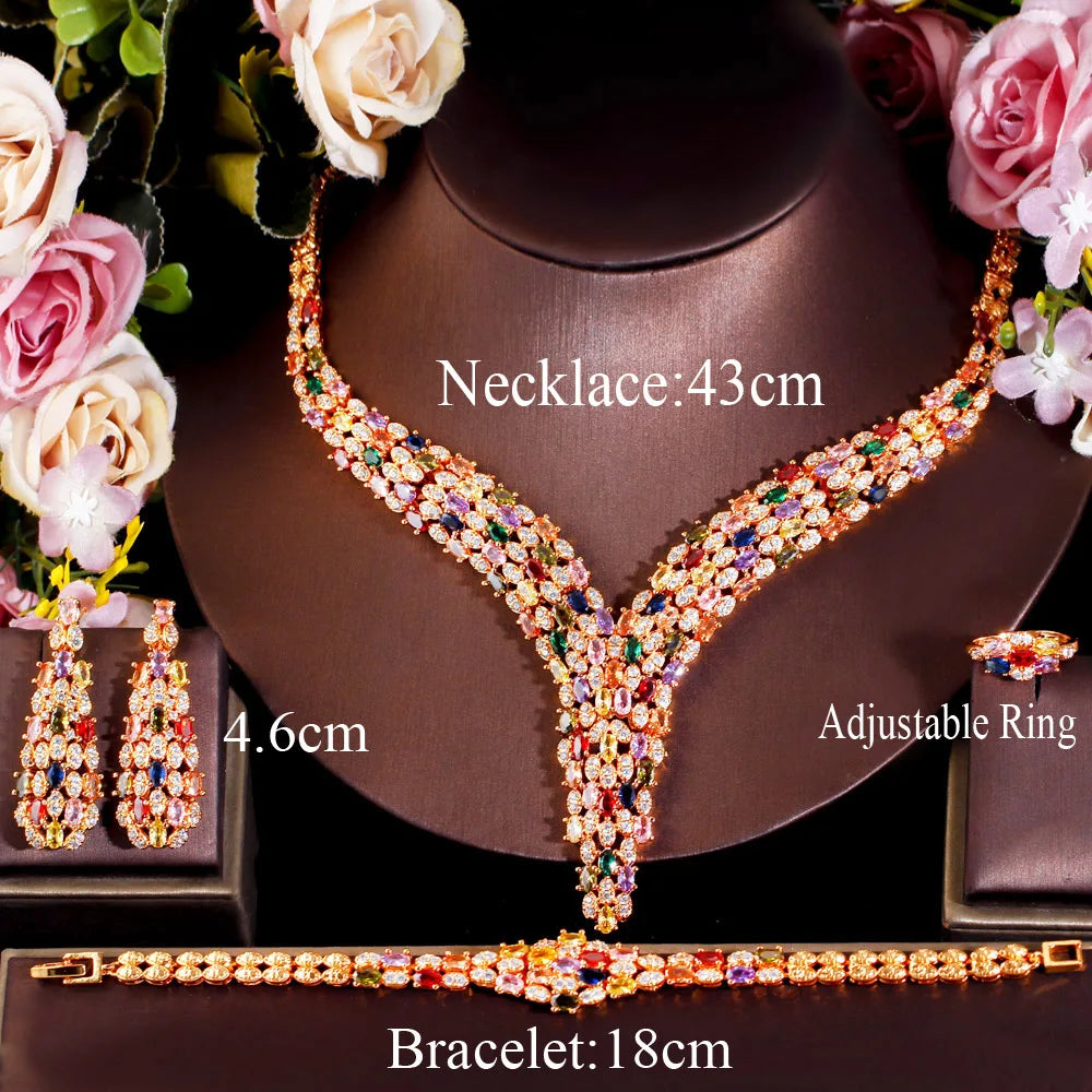 4pcs Multicolor Cubic Zirconia Nigerian Dubai Gold Plated Bridal Jewelry Sets for Wedding Costume Accessories