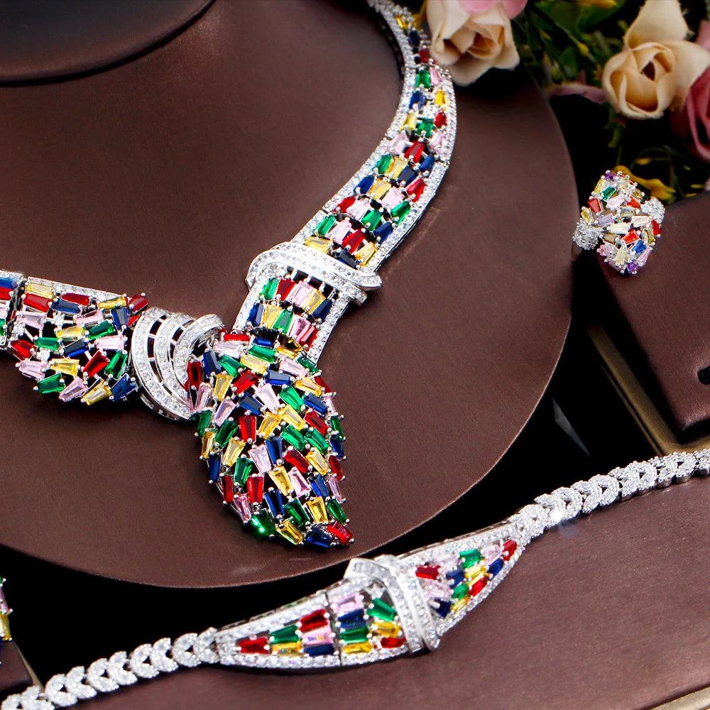 4pcs Nigerian Multicolor CZ Luxury Statement Big Chunky Bridal Necklace Jewelry Sets Wedding Costume Accessories - EUFASHIONBAGS