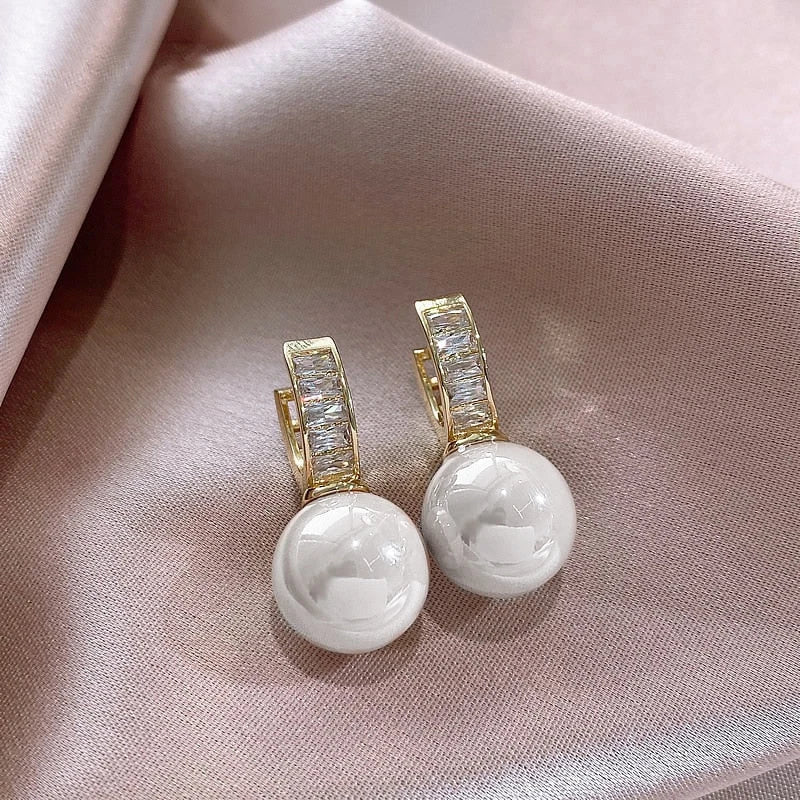 White/Pink Round Imitation Pearl Earrings for Women Gold Color Temperament Lady's Accessory Wedding Party Trendy Jewelry