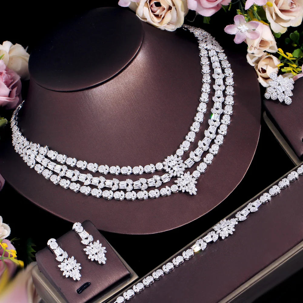 Cubic Zirconia Big Multiple Necklace 4pcs UAE Dubai Women Wedding Jewelry Sets Luxury Bridal Costume Accossories - EUFASHIONBAGS