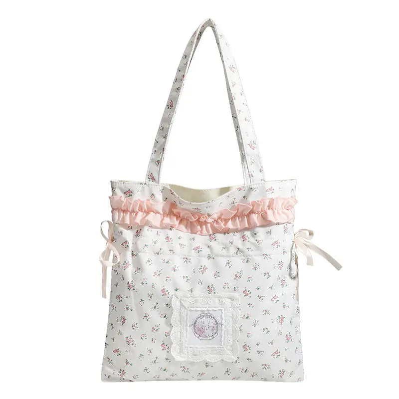 Fairycore Floral White Shoulder Bags Women Sweet Cute Drawstring Canvas Tote Bag Aesthetic Handbag Y2k - EUFASHIONBAGS