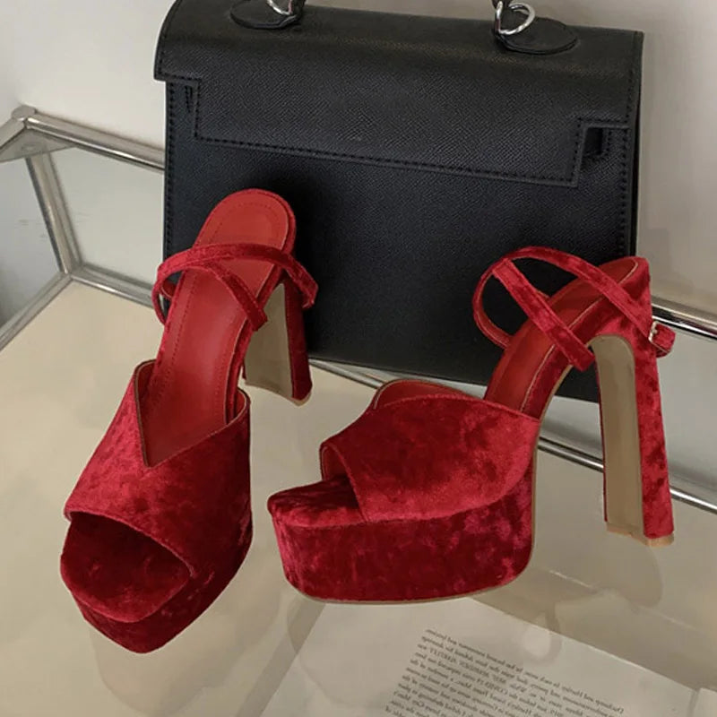 Summer Red Corduroy Chunky Platform Shoes Women Sexy Square Toe Super High Heels Sandal Woman Wedding Banquet Shoe Size 42