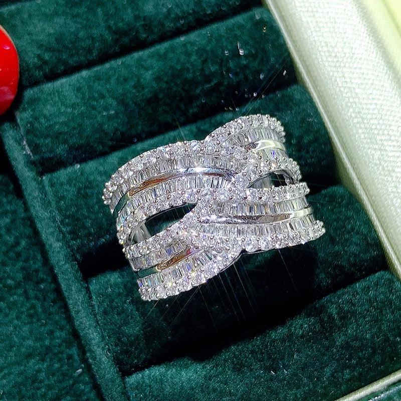 Bling Bling Women's Wide Rings Full Paved Brilliant CZ Stone Bride Wedding Party Accessory Twist Fashion Jewelry - EUFASHIONBAGS