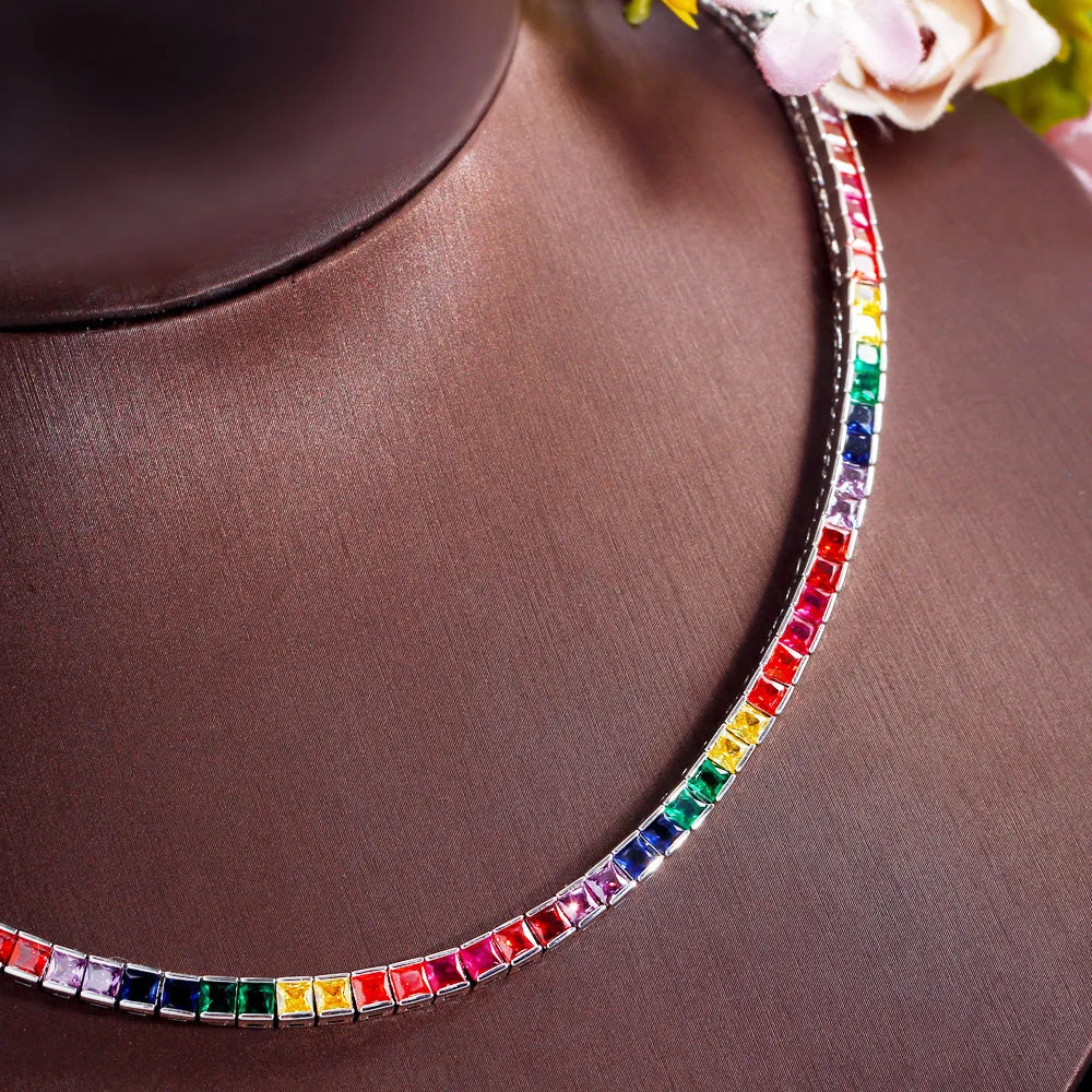 Square Multicolor Rainbow Cubic Zirconia Boho Jewelry Women Tennis Choker Necklace with Safety Clasp - EUFASHIONBAGS