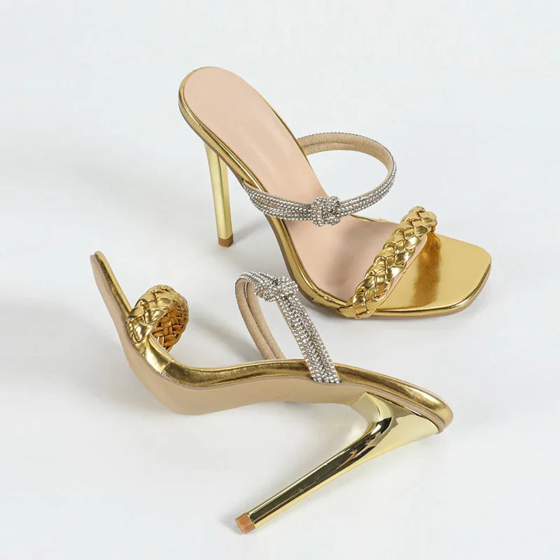 Size 35-42 Gold High Heels Modern Slippers Women Crystal Rhinestone Strap Summer Sandals Sexy Square Toe Party Dress Shoes - EUFASHIONBAGS