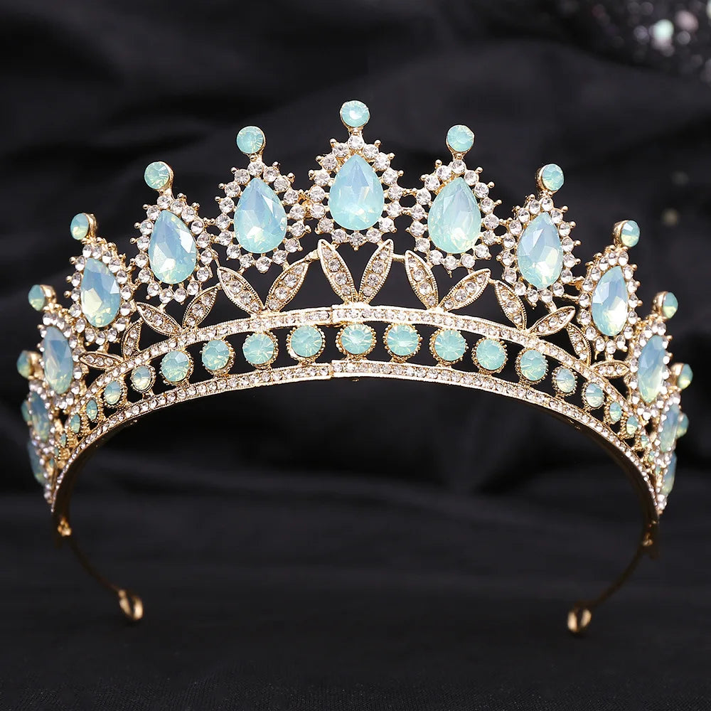 Baroque Luxury Silver Color Green Opal Water Drop Crystal Tiaras For Women Wedding Birthday Party Elegant Crown Hair Accessories - EUFASHIONBAGS