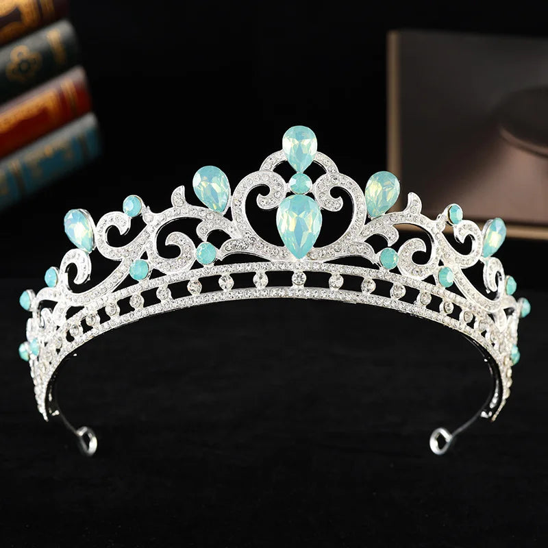 Blue Opal Crystal Bridal Tiaras and Crowns for Queen Bride Headwear Prom Diadem Wedding Crown Hair Jewelry Accessories - EUFASHIONBAGS