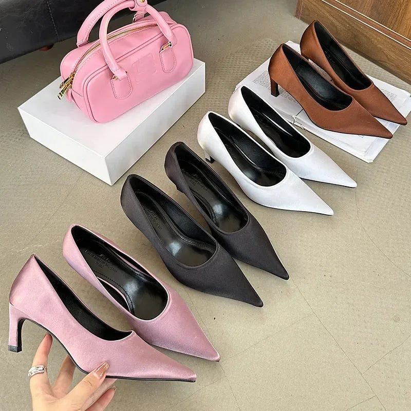 Silk Luxury High Heel Dress Shoes Women Shallow Pointed Toe Low Heel Office Shoes Comfy Footwear Women Zapatos De Mujer