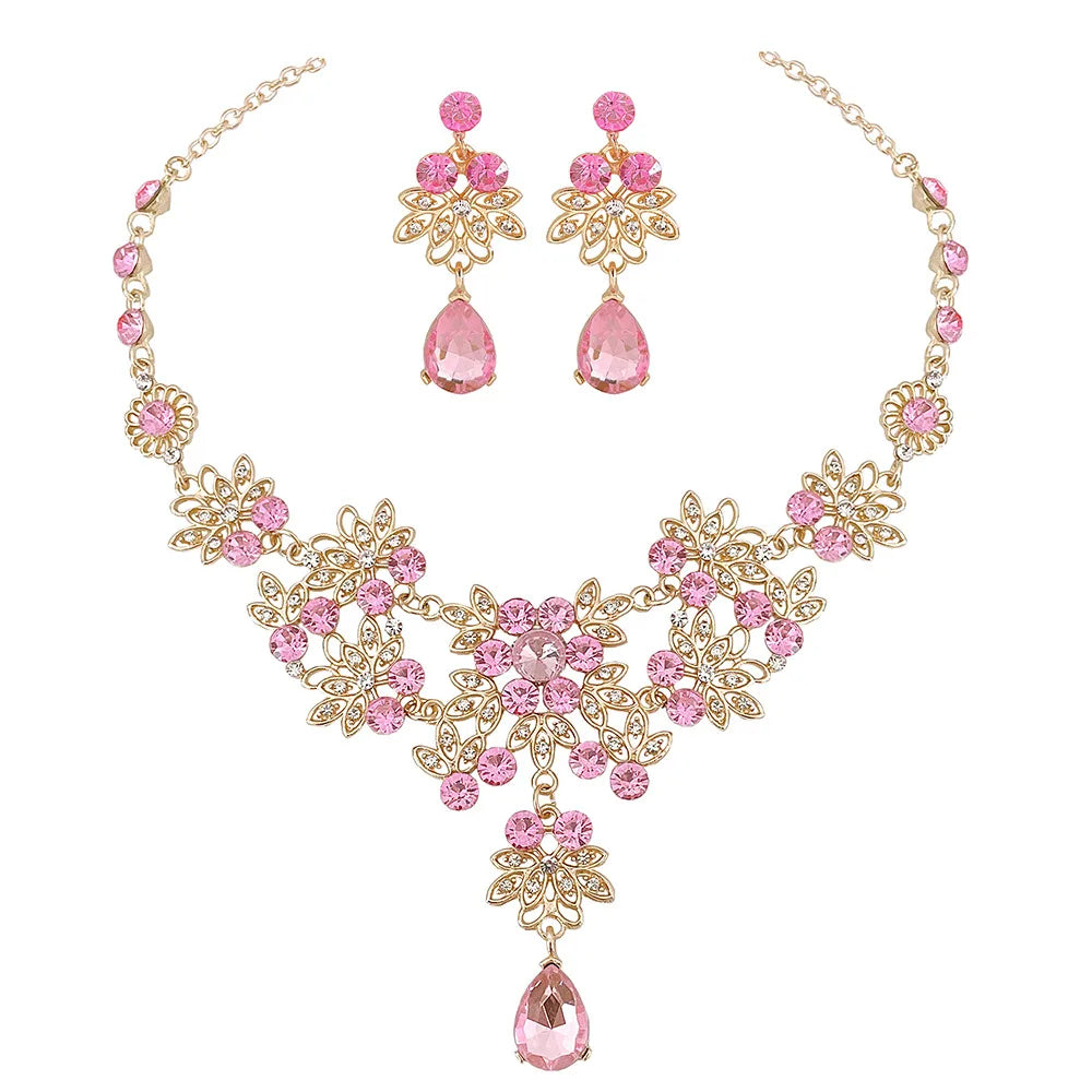 Baroque Pink Purple Crystal Bridal Wedding Jewelry Sets Women Gold Color Rhinestone Necklace Long Earrings Set Dress Accessories - EUFASHIONBAGS