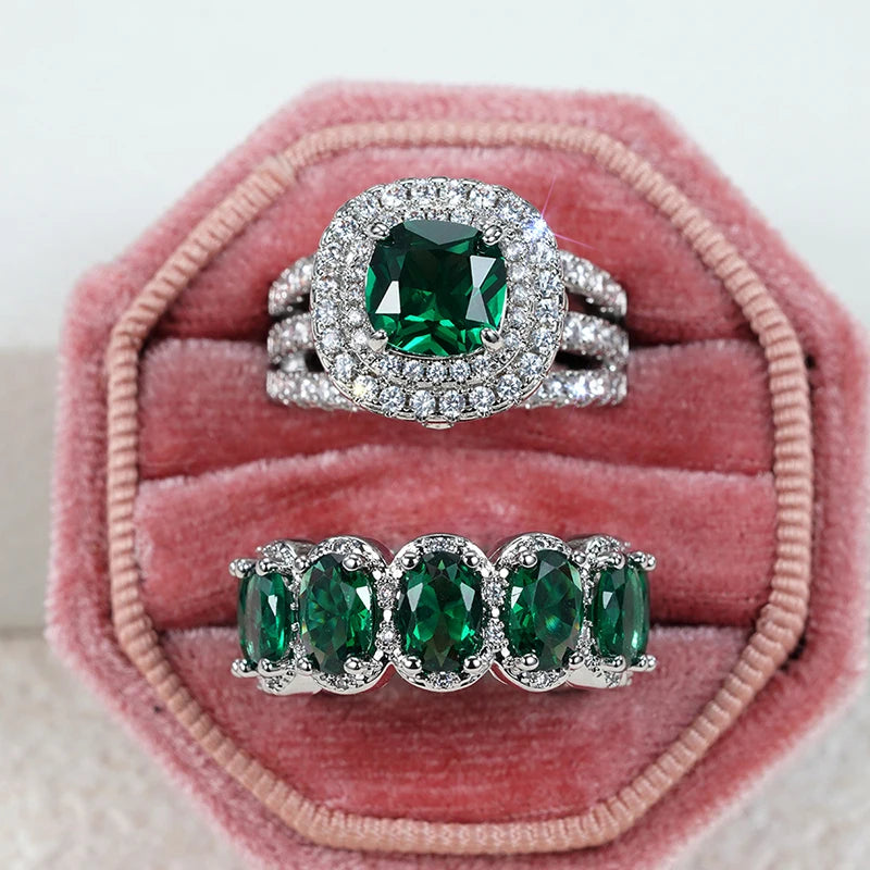 2Pcs Wedding Rings for Women White/Pink/Green/Black Cubic Zirconia Set Rings Luxury Trendy Engagement Jewelry - EUFASHIONBAGS