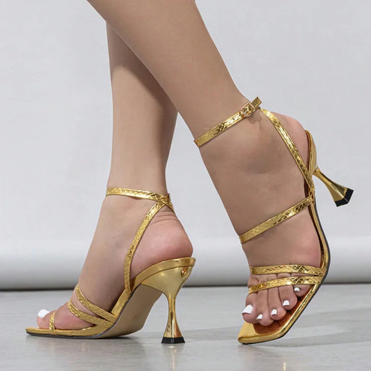 Sexy Snake Print Leather Ankle Strap Gold Sandals Women Narrow Band Square Open Toe Gladiator High Heels For Ladies Shoes