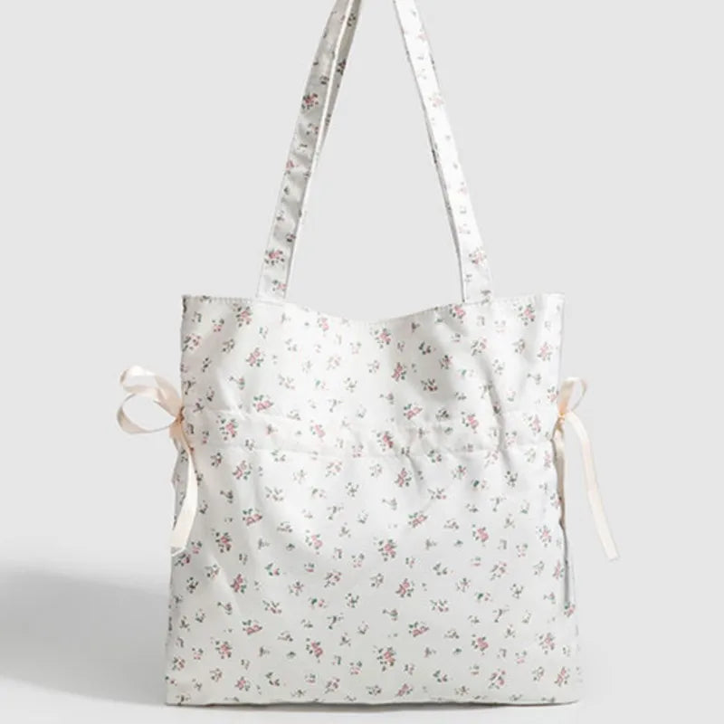 Fairycore Floral White Shoulder Bags Women Sweet Cute Drawstring Canvas Tote Bag Aesthetic Handbag Y2k - EUFASHIONBAGS