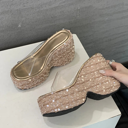 Summer Fashion PVC Transparent Women Slippers Sequined Platform Wedges High Heels Shoes Sexy Peep Toe Sandals Ladies Gold