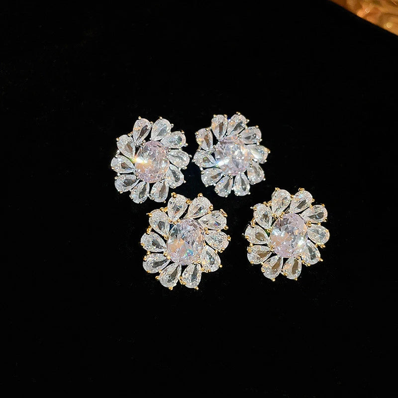 Sparkling CZ Stud Earrings Women Aesthetic Flower Shape Bridal Wedding Earrings Exquisite Ear Accessories Party Jewelry - EUFASHIONBAGS