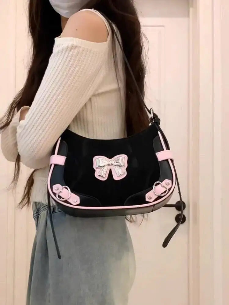 Black Y2k Shoulder Bags Purse Women Hot Girls Bow Chic Cute Handbag Female Fairycore Bag Aesthetic