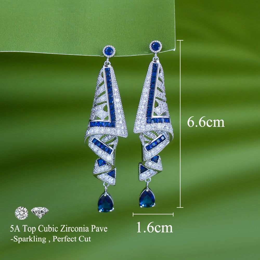 Geometric Chunky Cubic Zirconia Long Water Drop Royal Blue Dangle Earrings for Women Festival Party Accesories - EUFASHIONBAGS