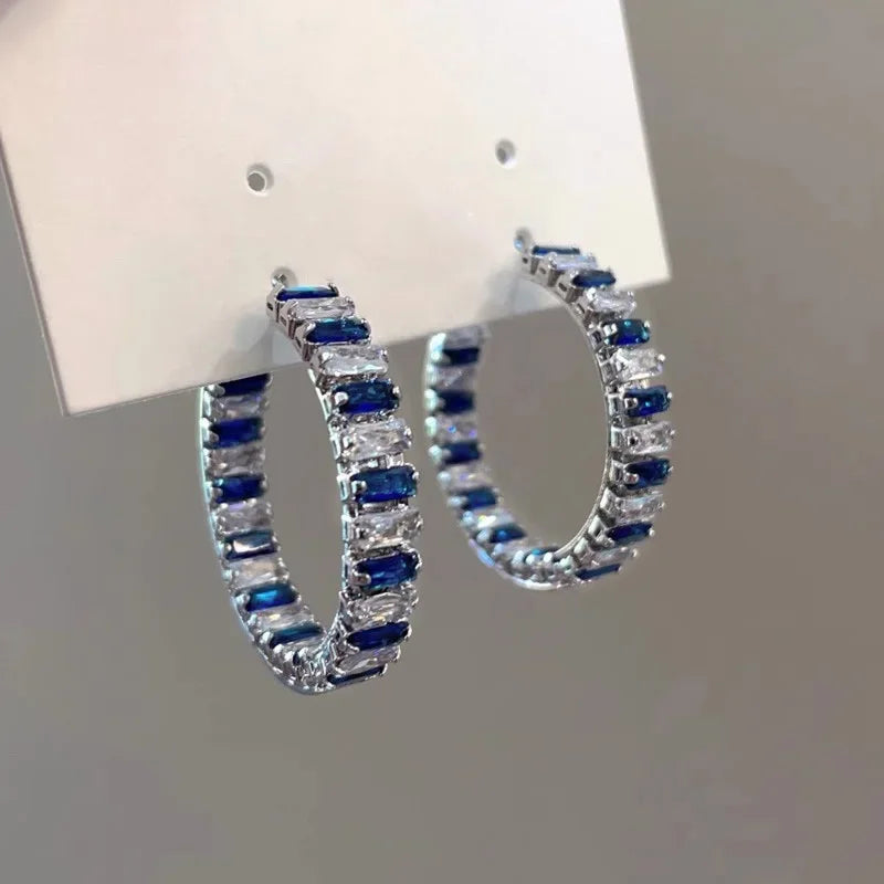 Blue/White CZ Hoop Earrings Full Bling Iced Out Engagement Wedding Party Luxury Trendy Jewelry for Women New - EUFASHIONBAGS