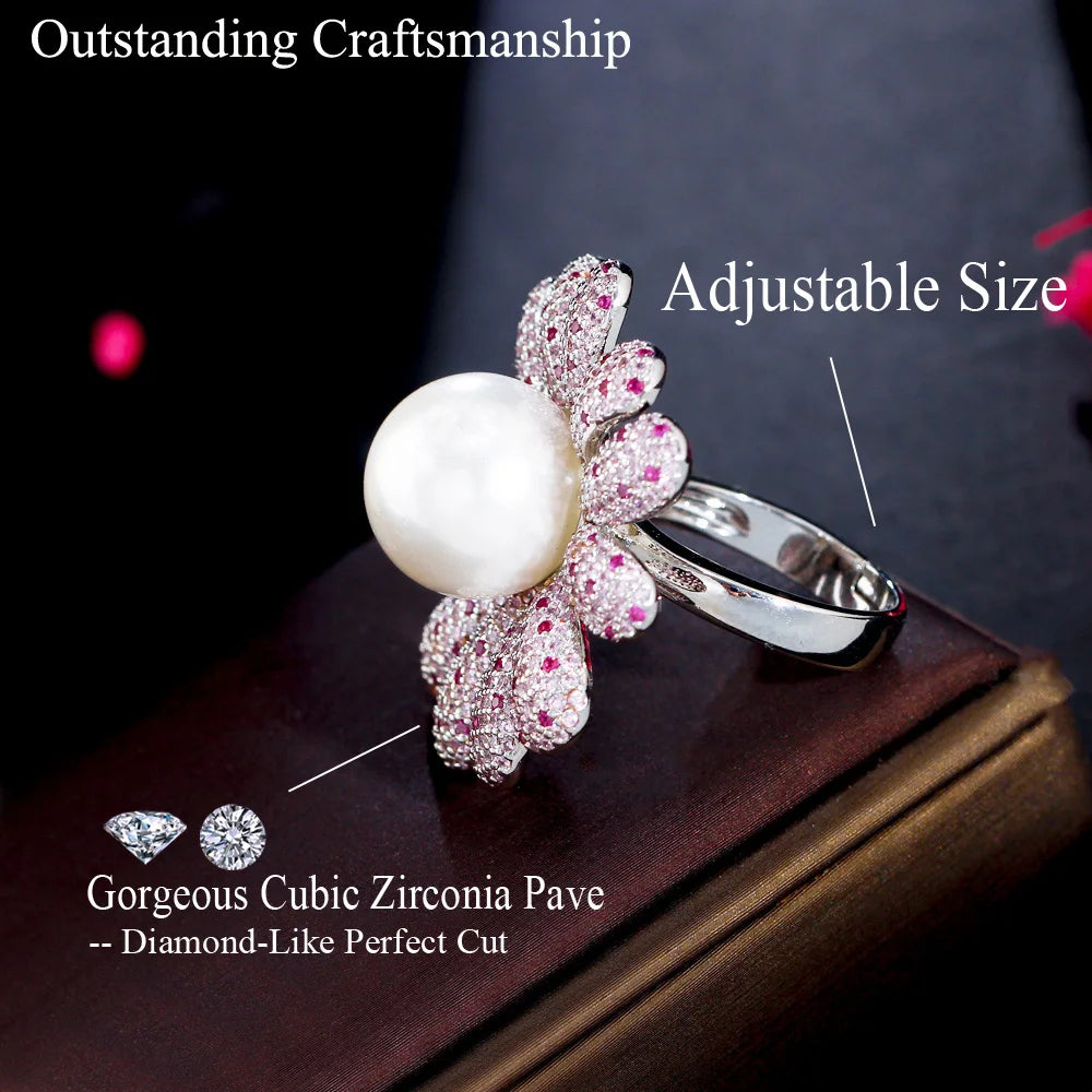 Micro Pave Pink Red Cubic Zirconia Stone Super Luxury Statement Big Flower Chunky Rings for Wedding Bridal Party