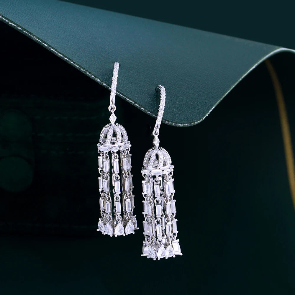 Heavy Work Cubic Zirconia Long Dangle Water Drop Tassel Chandelier Luxury Pageant Bridal Earrings for Women - EUFASHIONBAGS