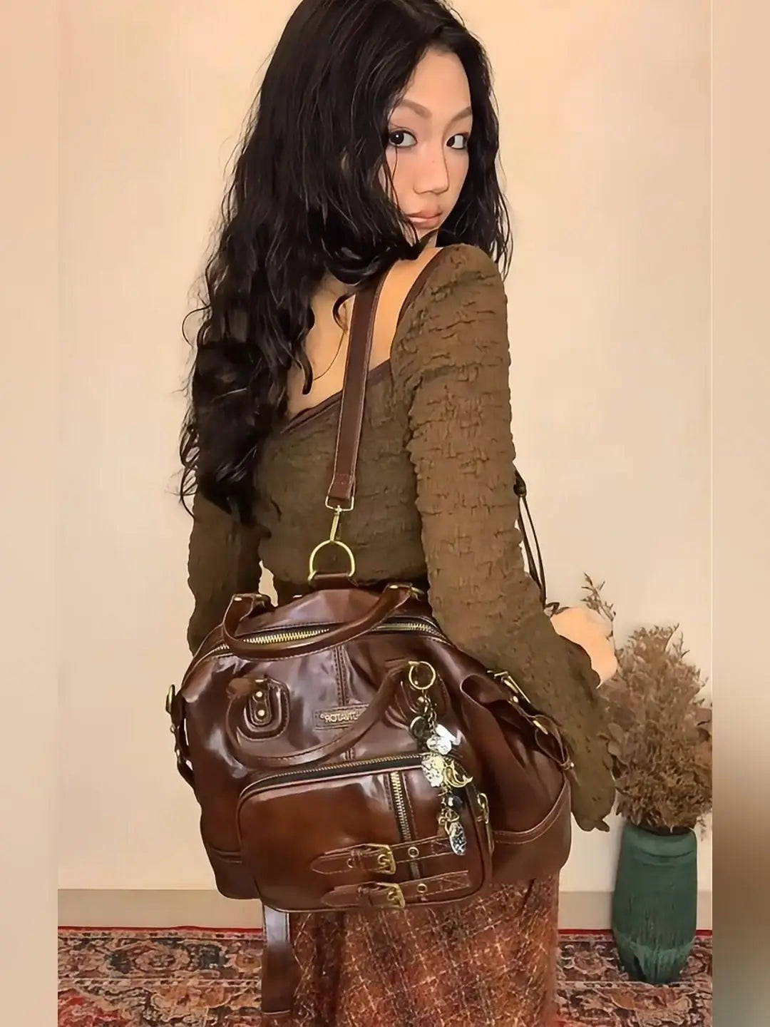 Retro Brown Large Purse Women 2025 Vintage Leather Handle Mini Backpacks Ladies Hot Girls Y2k Bags Aesthetic - EUFASHIONBAGS