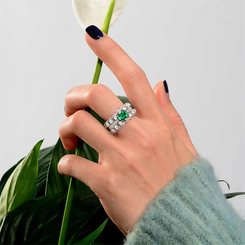 Green Cubic Zirconia Rings for Women Anniversary Evening Party Temperament Lady Finger Accessory Statement Jewelry - EUFASHIONBAGS