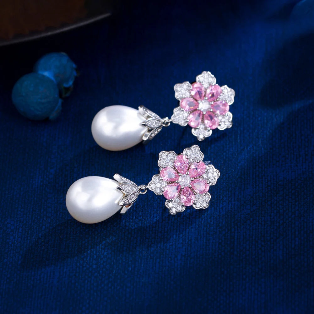 Pink Cubic Zirconia Snow Flower Dangle Drop Long Pearl Earrings for Women Luxury Wedding Party Jewelry - EUFASHIONBAGS