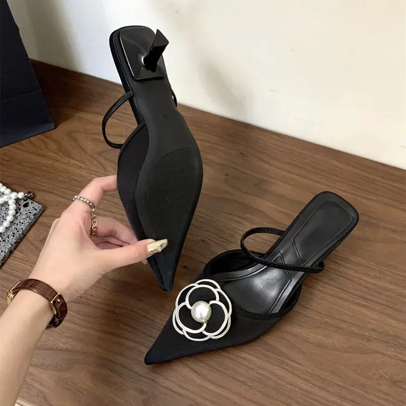 Flower Designer Brand Heeled Sandals Women Pointed Toe Pumps Female Elegant Dress Shoes Slides 2025 New Slippers Women Sandalias